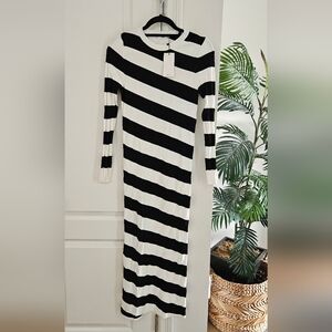 Mango Black and White Striped Long Sleeve Dress